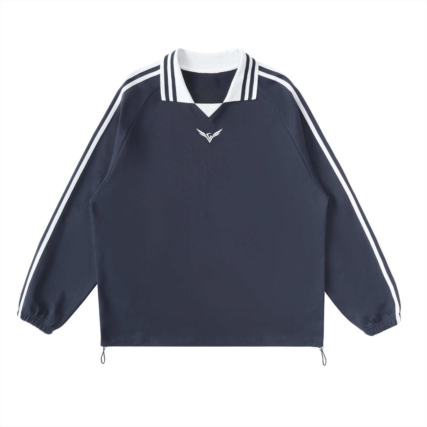 Wing Logo Contrast Stripe Collared Sweatshirt in Navy Blue, flat lay.