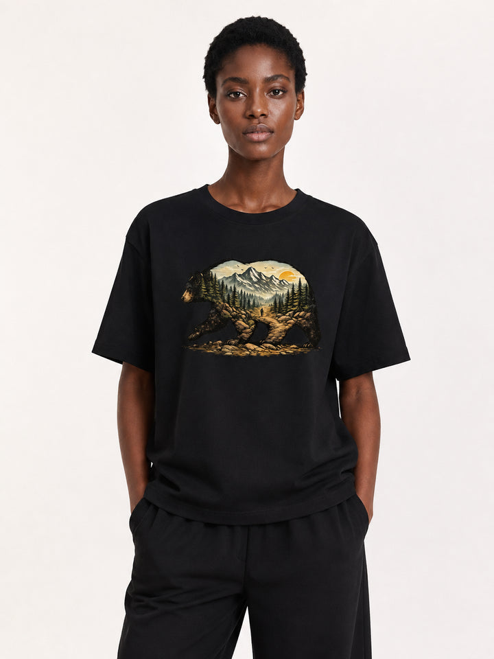 hiking lover Bear Double Exposure Mountain Landscape Tee