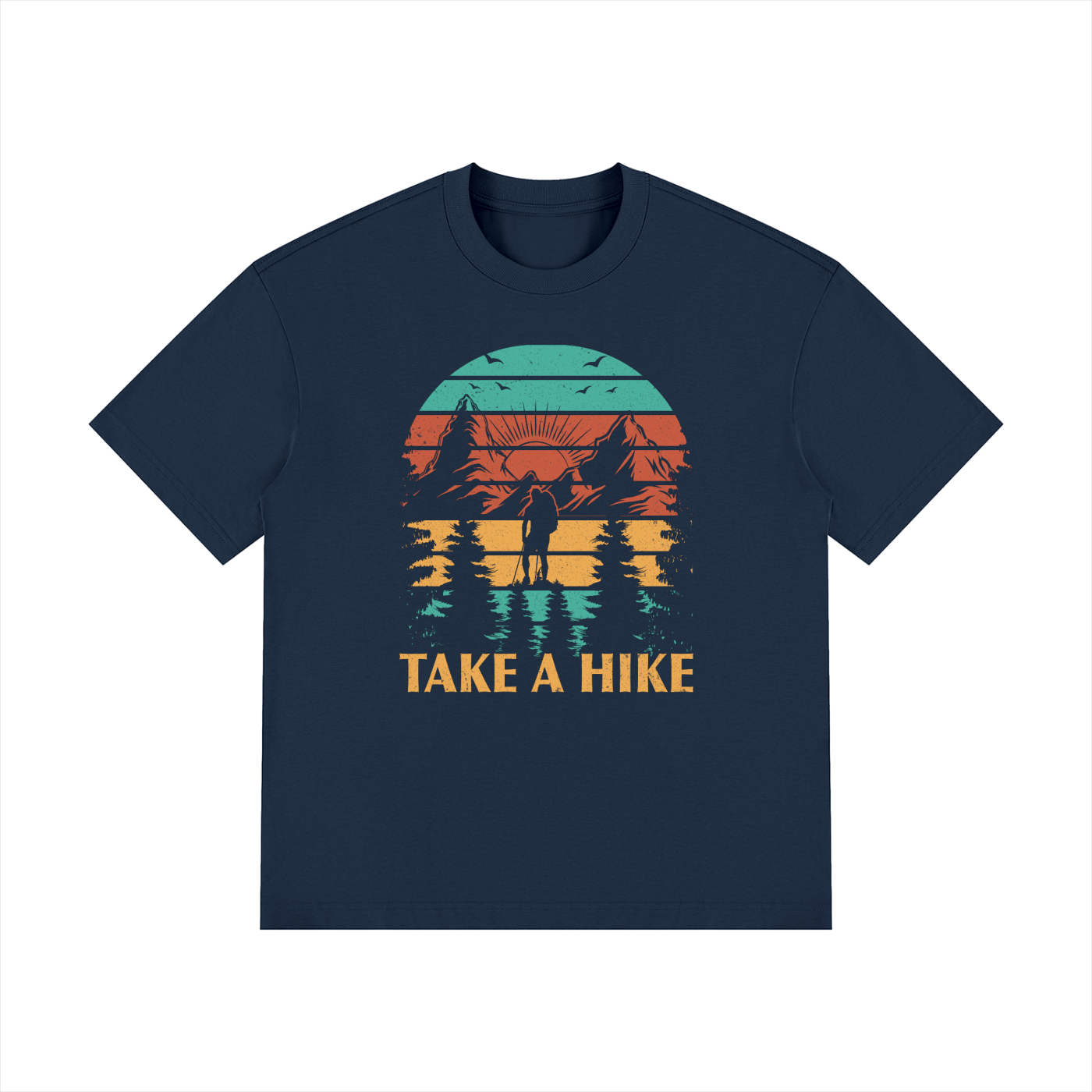 Take A Hike Retro Sunset Mountain Tee in Navy Blue, flat lay.