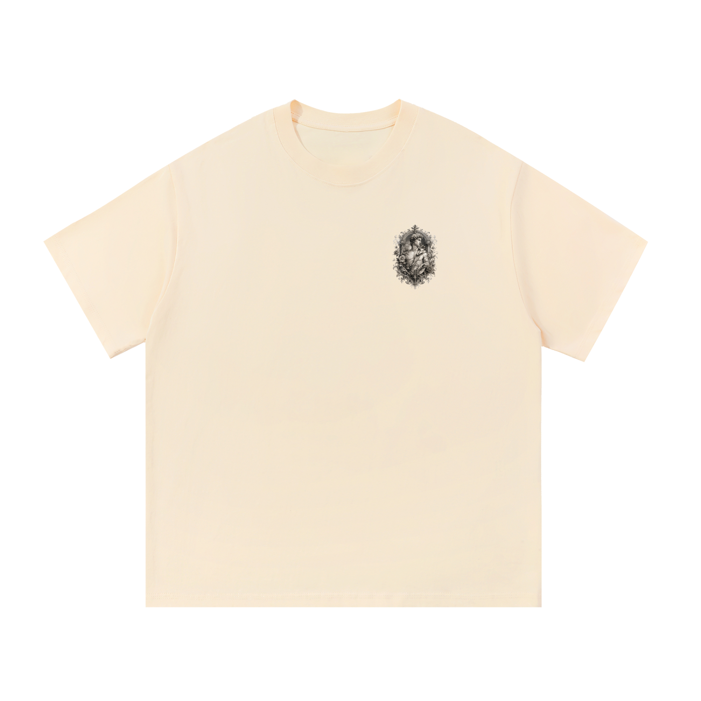 Baroque Statue Crest Left-Chest Cotton Tee in Apricot, flat lay.
