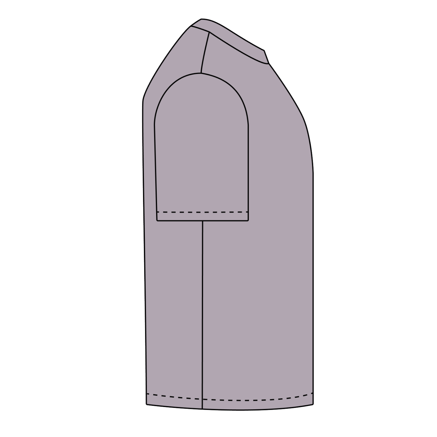 Official Bigfoot Research Team Retro Sunset Tee in Purple, technical side-view drawing.