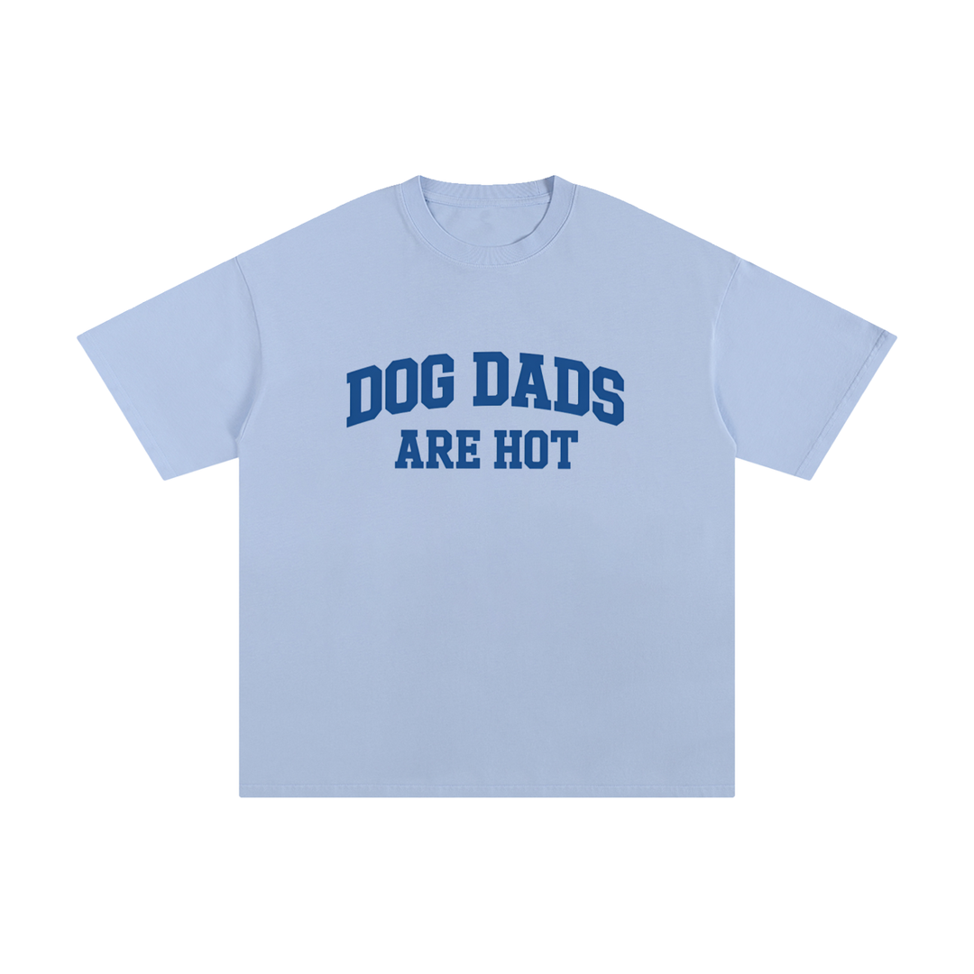 Dog Dads Are Hot Varsity Type Cotton Tee in Sky Blue, flat lay.