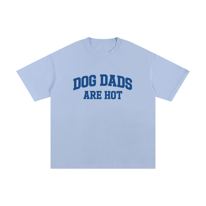 Dog Dads Are Hot Varsity Type Cotton Tee in Sky Blue, flat lay.