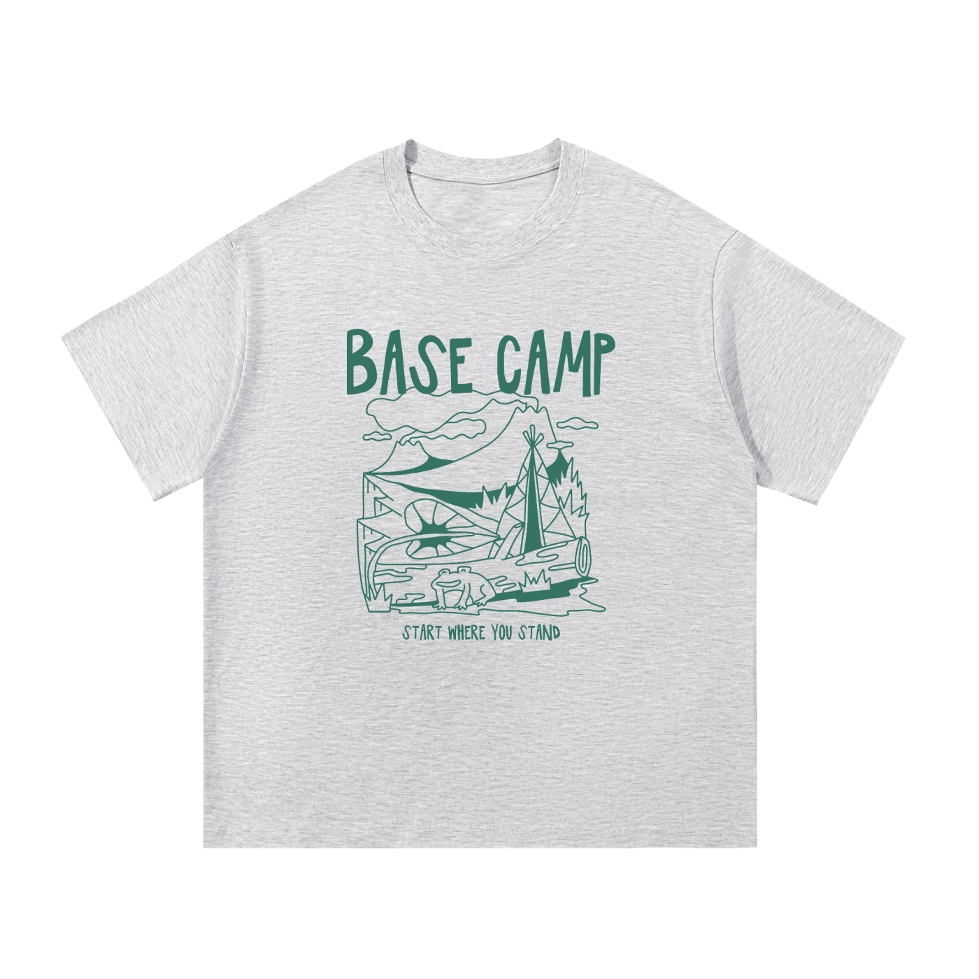 Base Camp Start Where You Stand Line Art Tee in White Gray, flat lay.