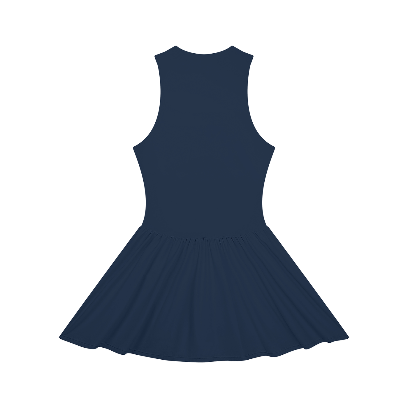 Wing Logo Ruched Zip Front Dress — Black in Navy Blue, back view.