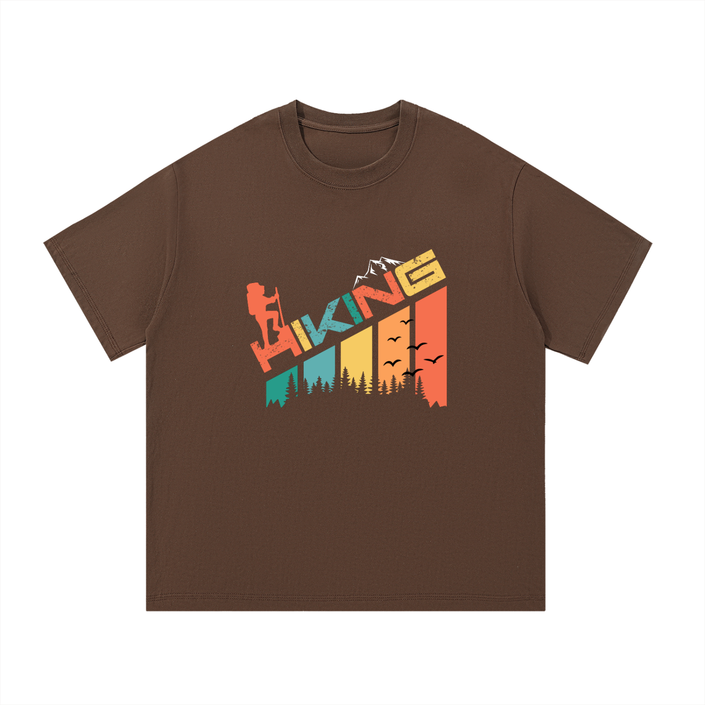 Hiking Retro Colour-Block Typography Tee in Coffee, flat lay.
