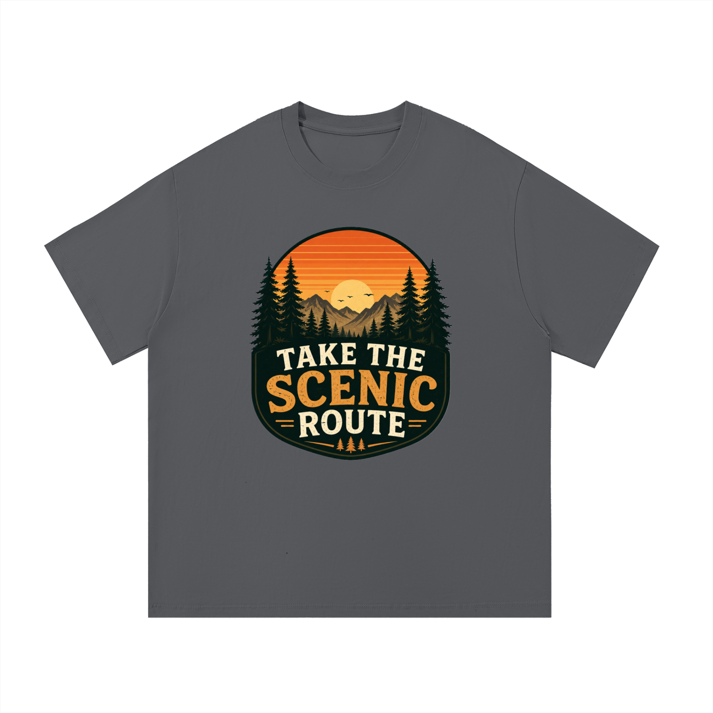 Take The Scenic Route Retro Sunset Badge Tee in Dark Gray, flat lay.