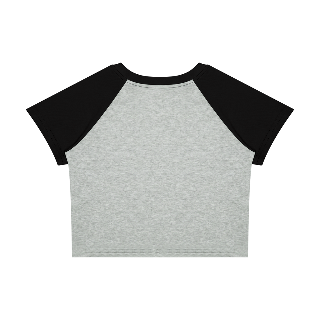 Wing Logo Raglan Colour-Block Baby Tee in Flower Gray with Black, back view.