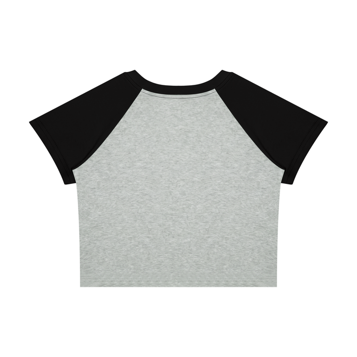 Wing Logo Raglan Colour-Block Baby Tee in Flower Gray with Black, back view.