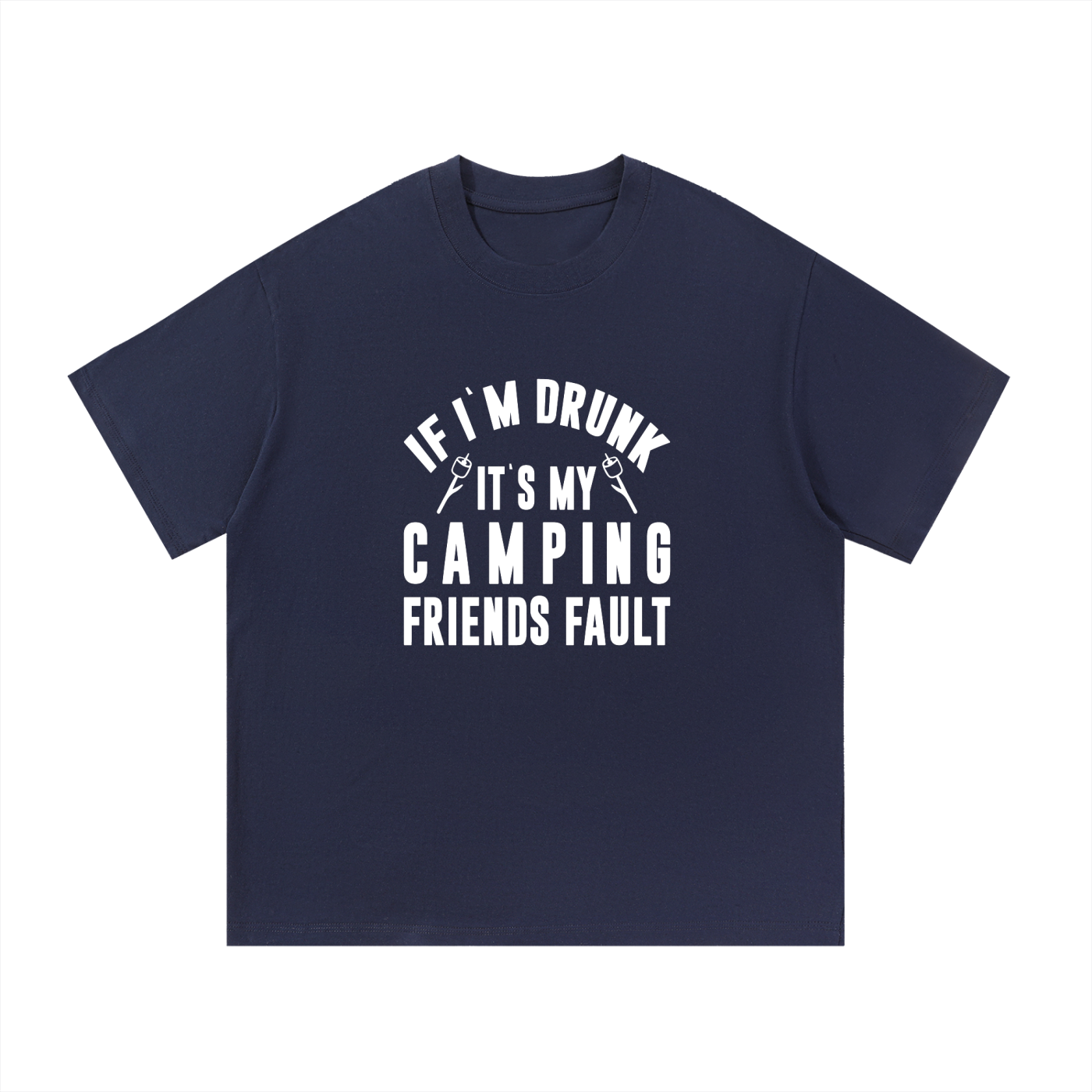 It's My Camping Friends' Fault Funny Tee in Navy Blue, flat lay.