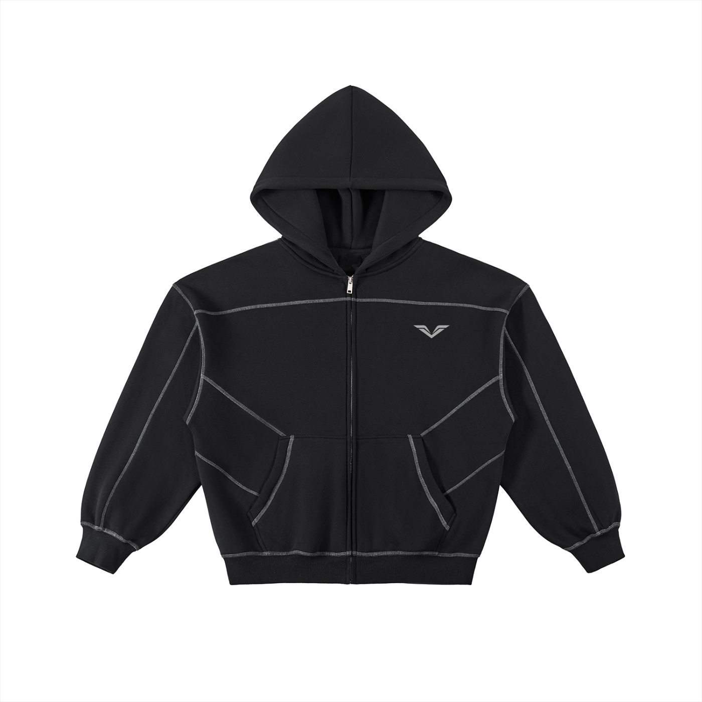 Wing Logo Contrast Stitch Boxy Zip Hoodie in Black, flat lay.