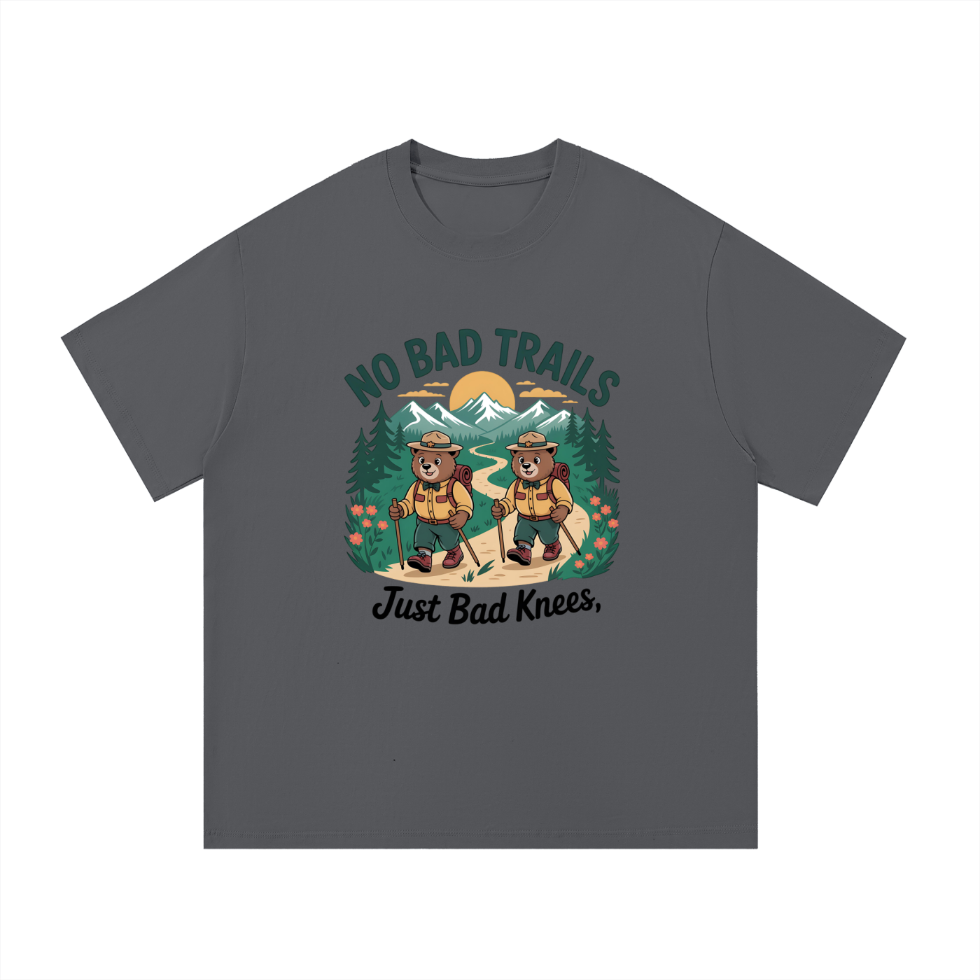 No Bad Trails Just Bad Knees Ranger Bear Tee in Dark Gray, flat lay.