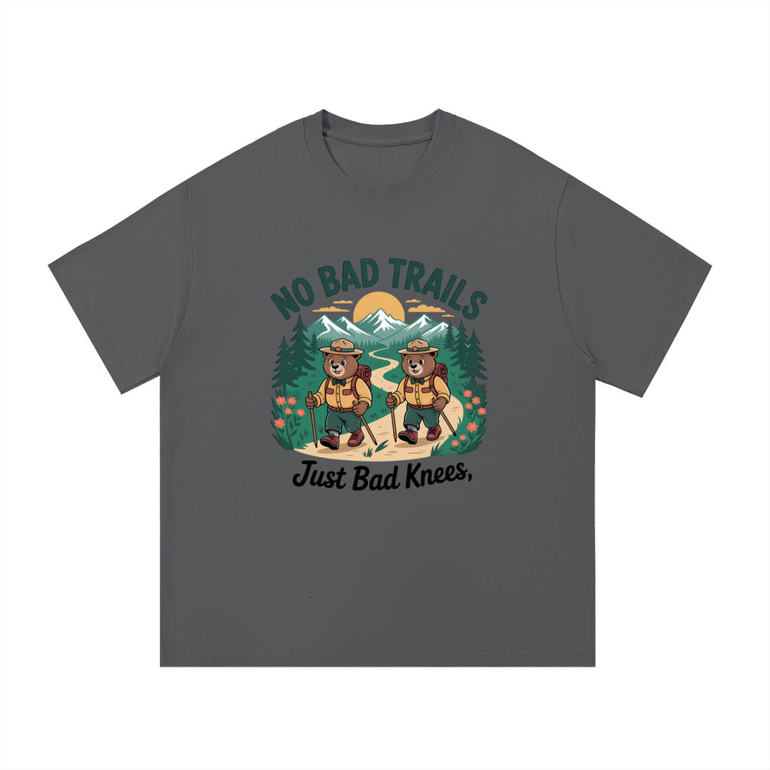 No Bad Trails Just Bad Knees Ranger Bear Tee in Dark Gray, flat lay.