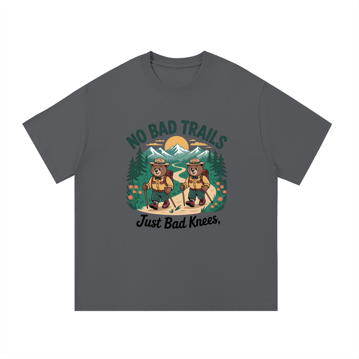 No Bad Trails Just Bad Knees Ranger Bear Tee in Dark Gray, flat lay.