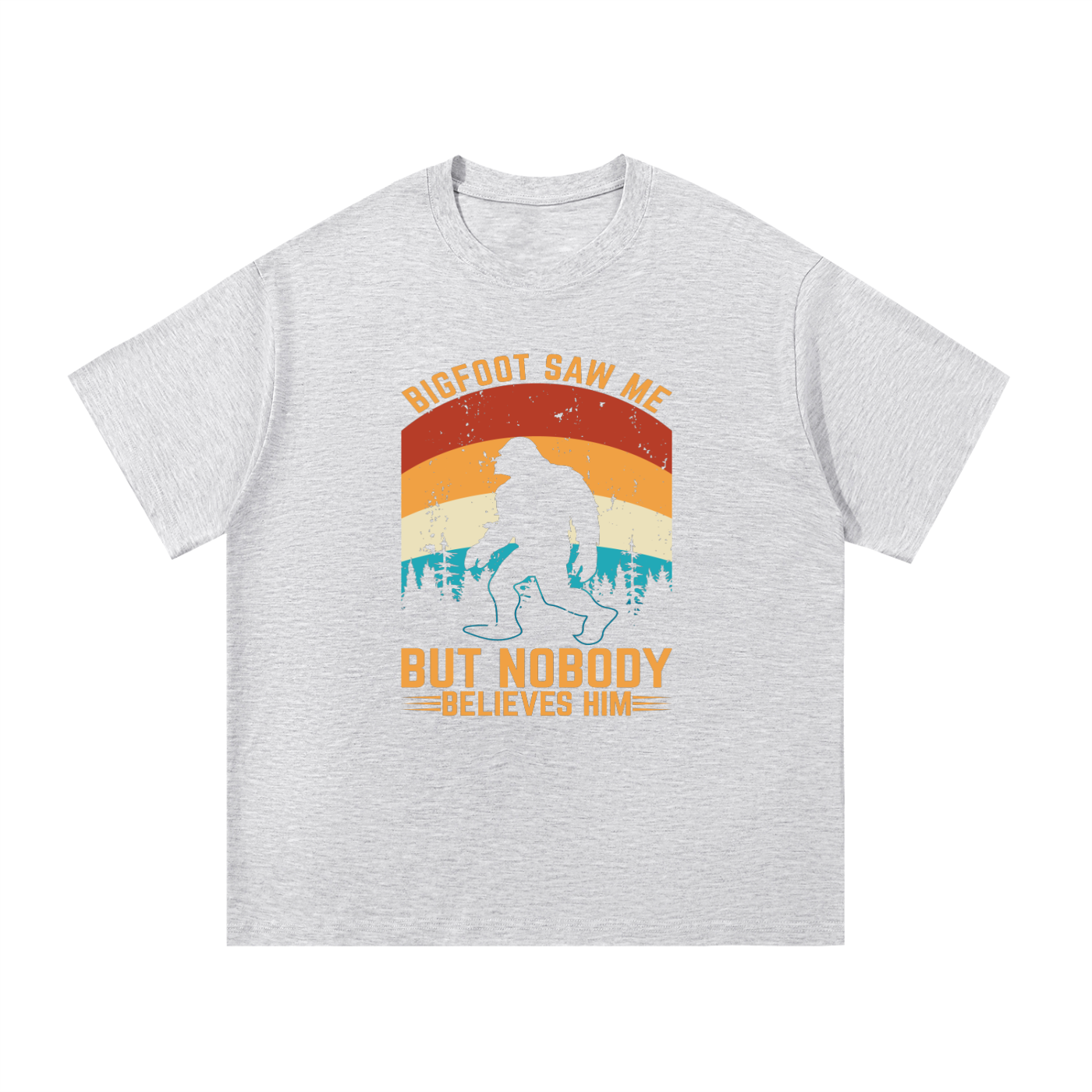 Bigfoot Saw Me But Nobody Believes Him Retro Tee in White Gray, flat lay.