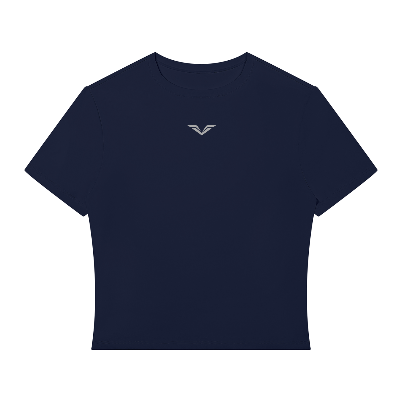 Wing Logo Performance Crop Tee in Navy Blue, flat lay.