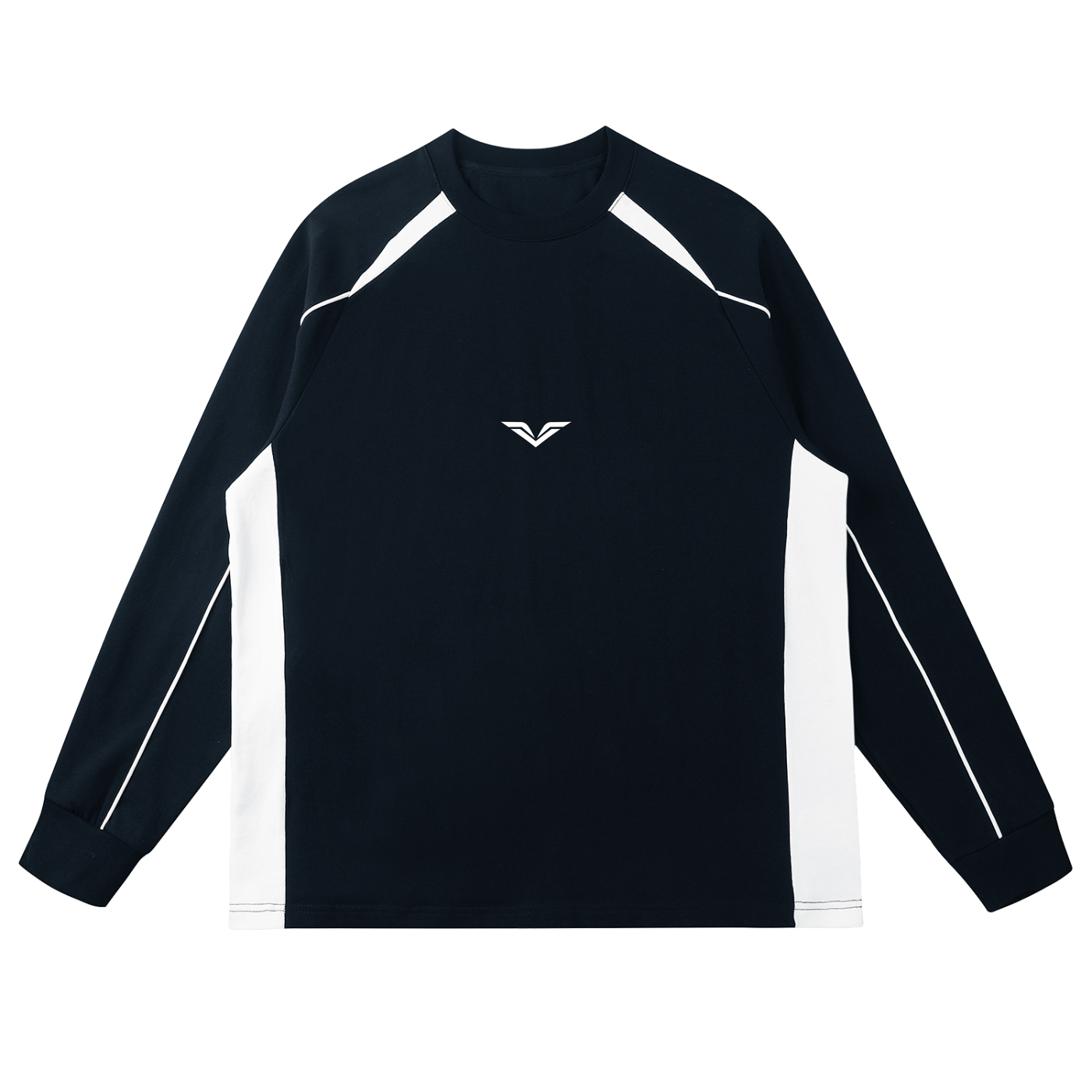 Wing Logo Contrast Panel Raglan Sweatshirt in Navy Blue with White, flat lay.