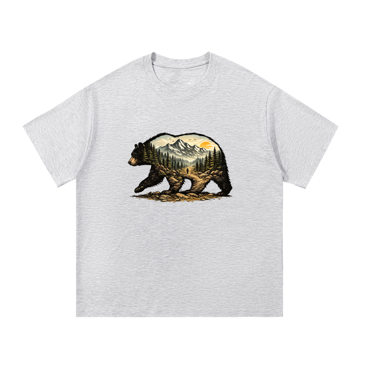 Bear Double Exposure Mountain Landscape Tee in White Gray, flat lay.