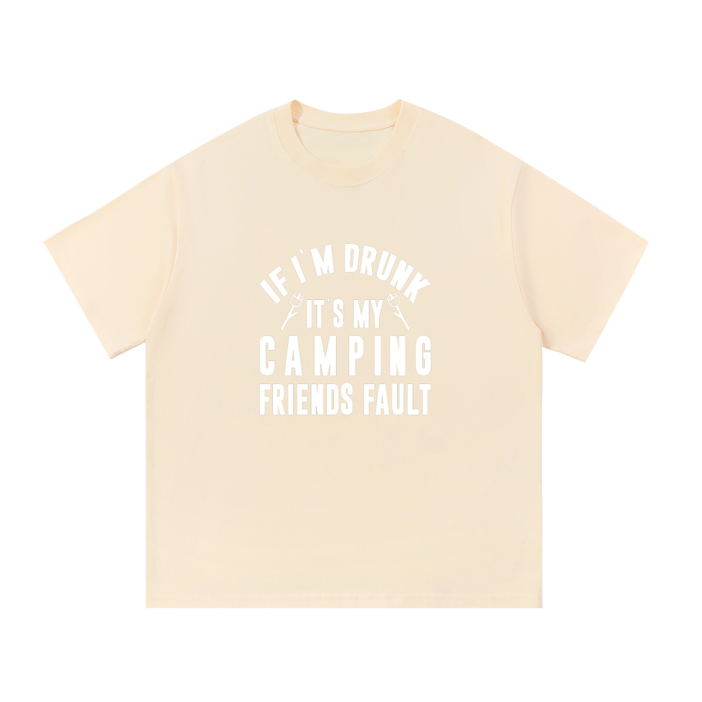 It's My Camping Friends' Fault Funny Tee in Apricot, flat lay.