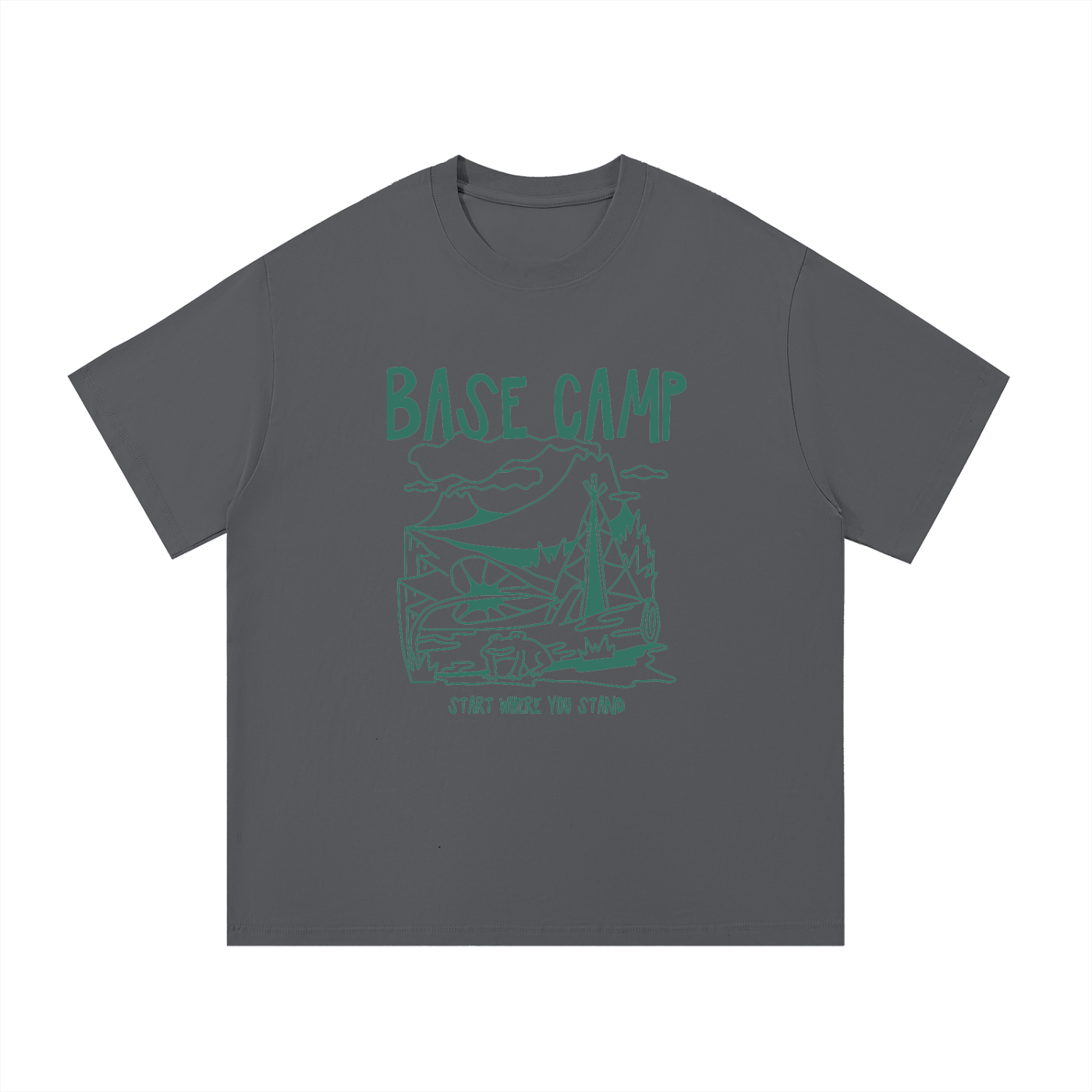 Base Camp Start Where You Stand Line Art Tee in Dark Gray, flat lay.