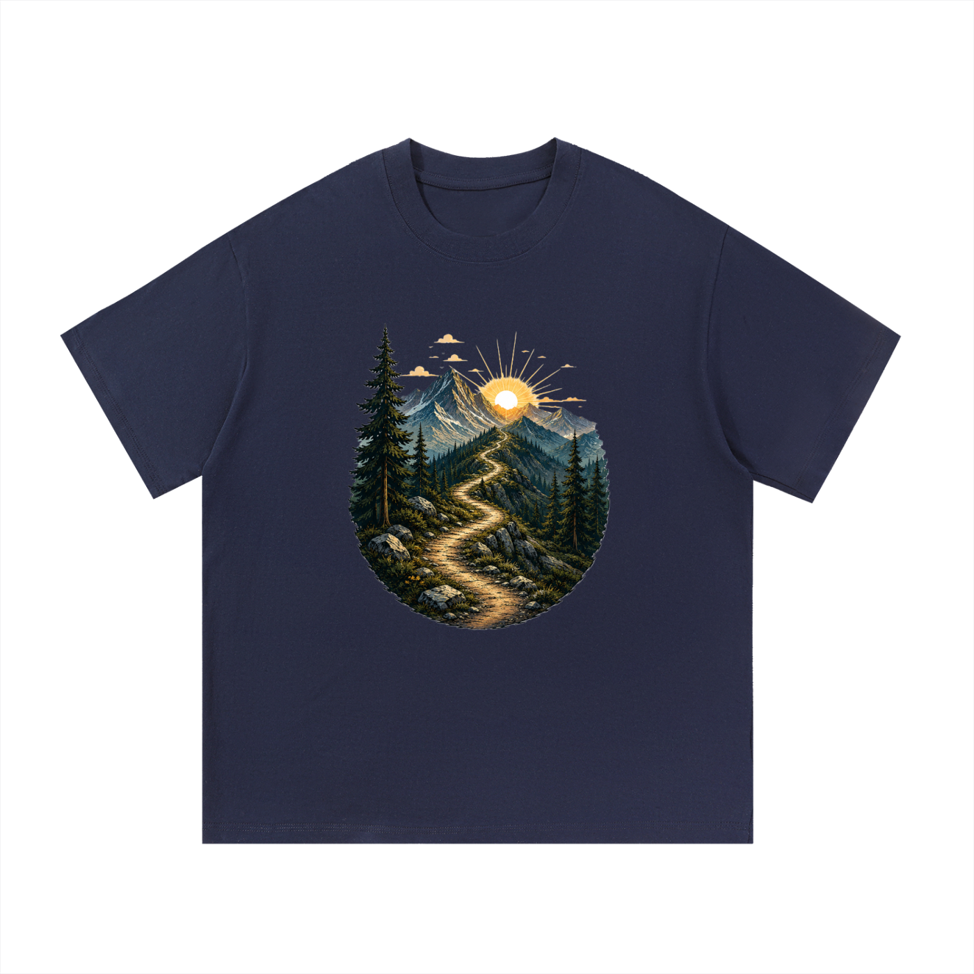 Mountain Trail Sunrise Illustrated Cotton Tee in Navy Blue, flat lay.