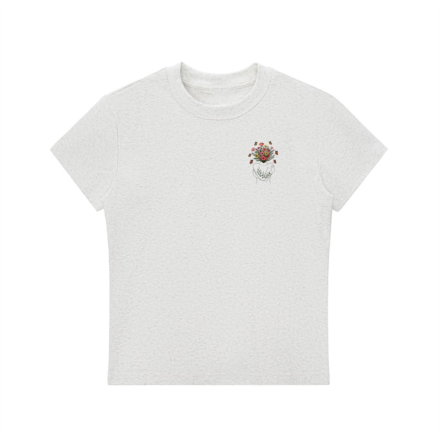 Wildflower Line Art Left-Chest Bodycon Tee in Flower Gray, flat lay.