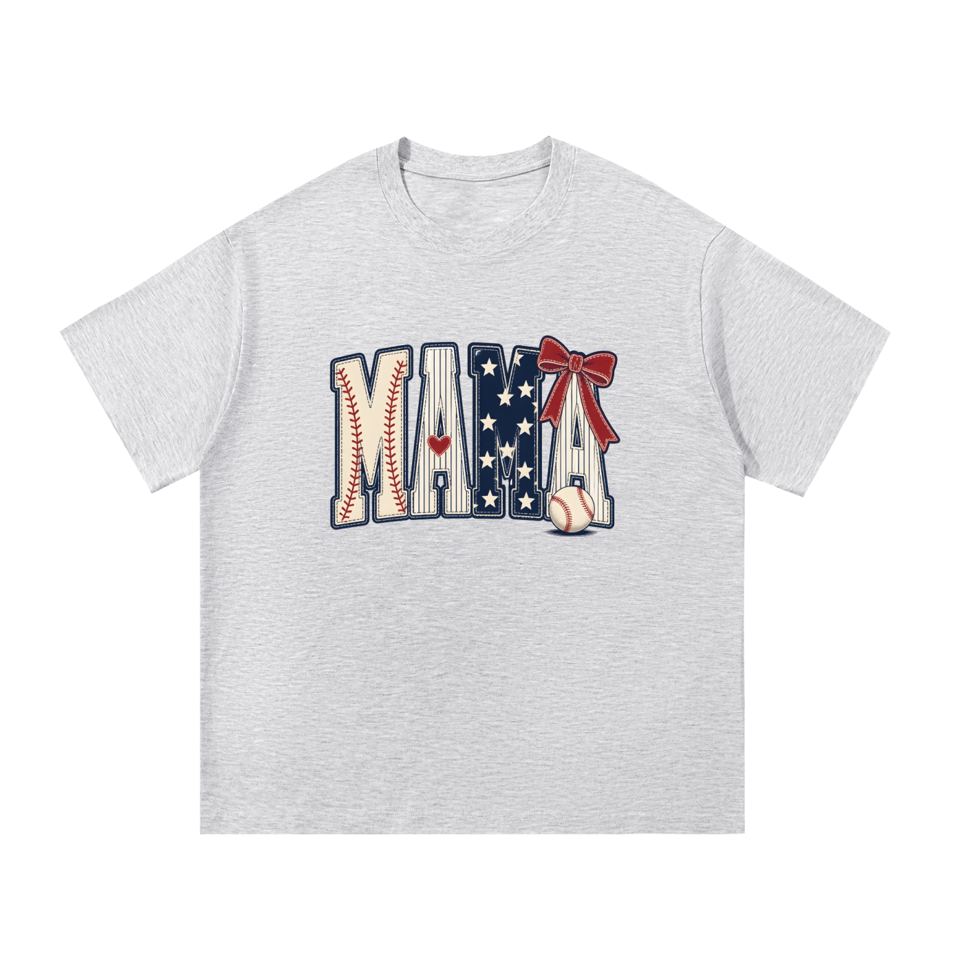 Mama Baseball Stars And Stripes Bow Tee in White Gray, flat lay.
