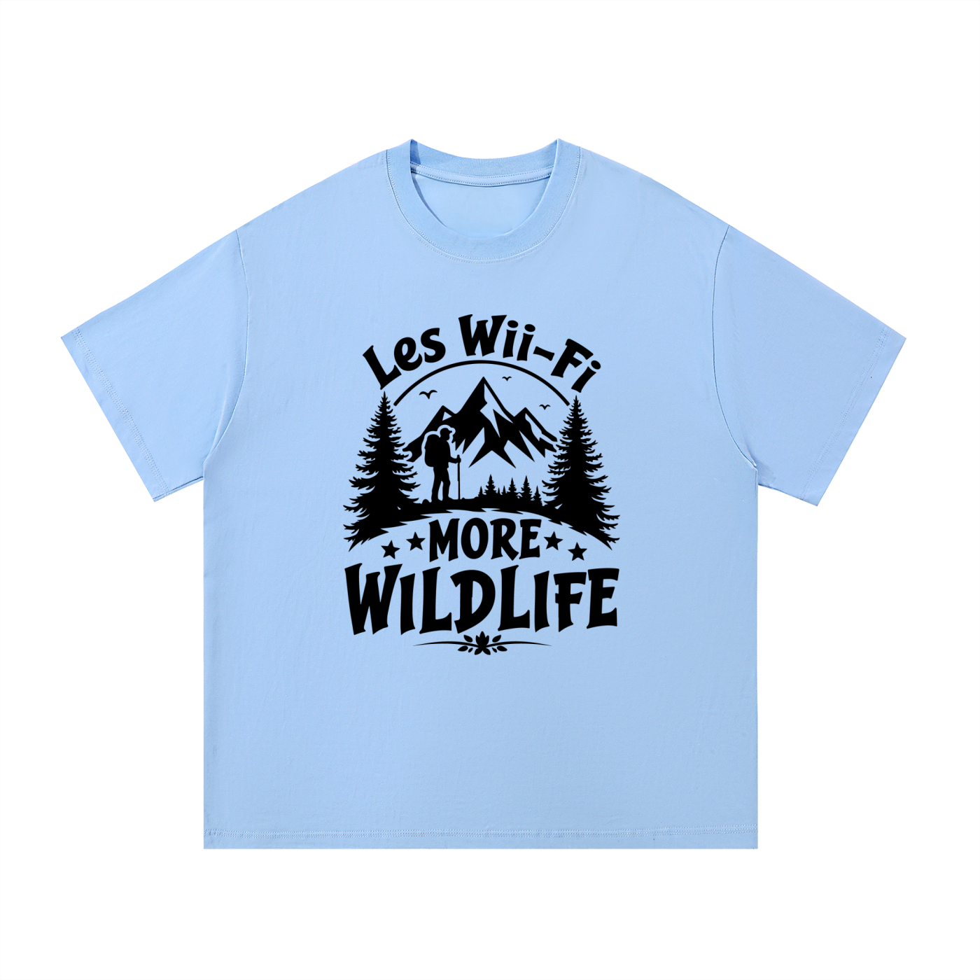 Less Wi-Fi More Wildlife Mountain Tee in Blue, flat lay.