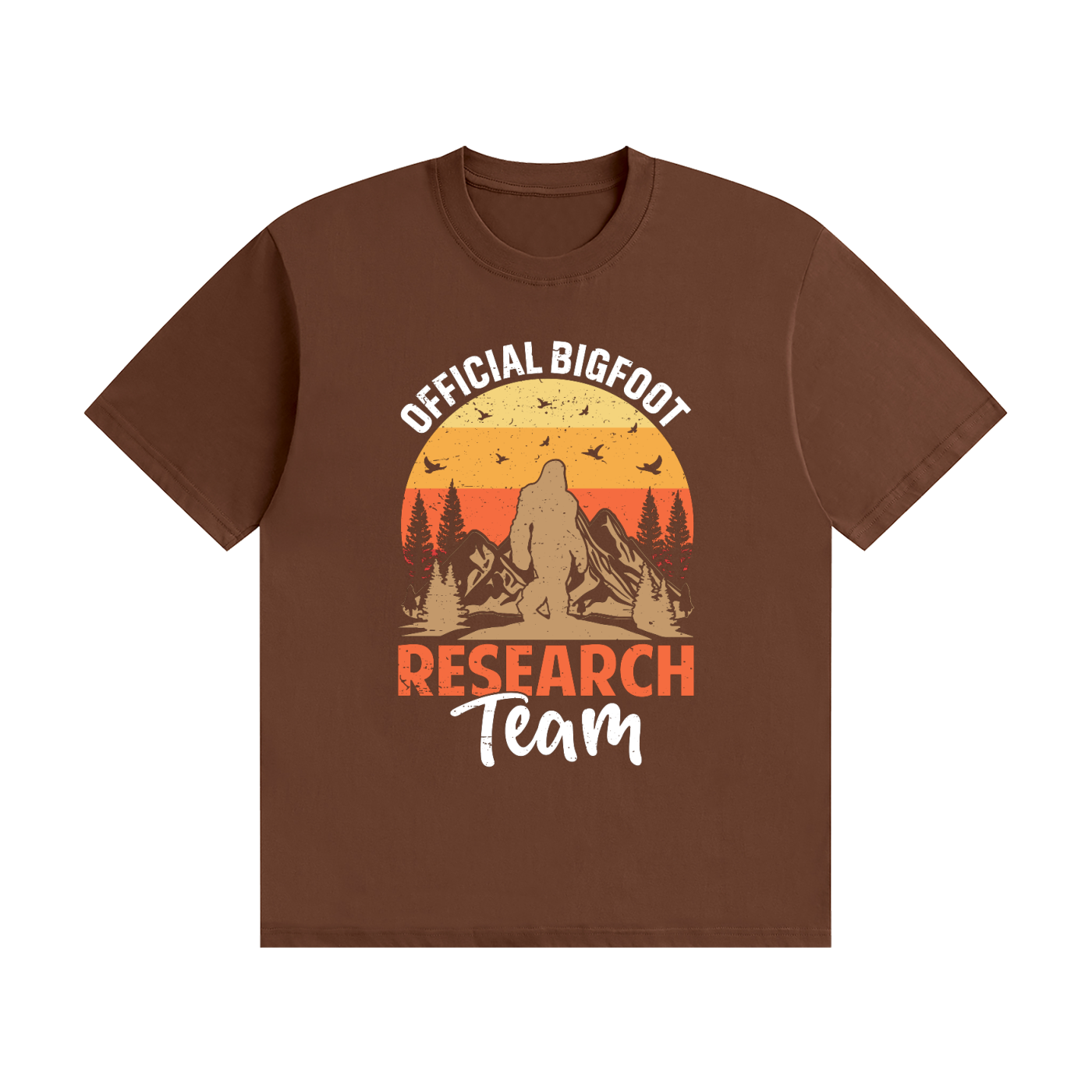 Official Bigfoot Research Team Retro Sunset Tee in Coffee, flat lay.