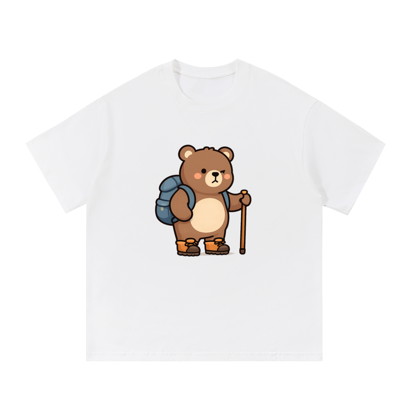 Cute Hiking Bear Illustrated Cotton Tee in White, flat lay.