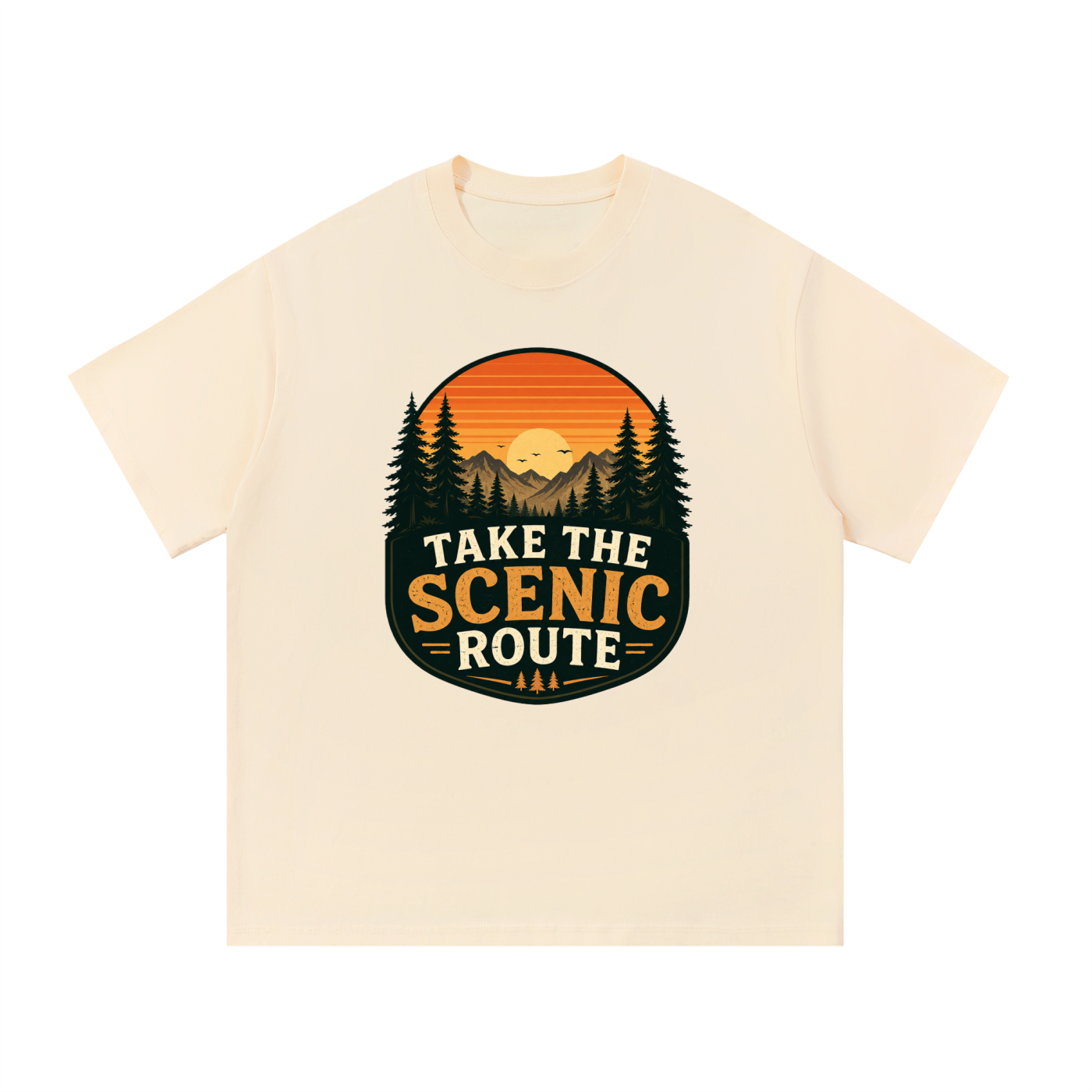 Take The Scenic Route Retro Sunset Badge Tee in Apricot, flat lay.