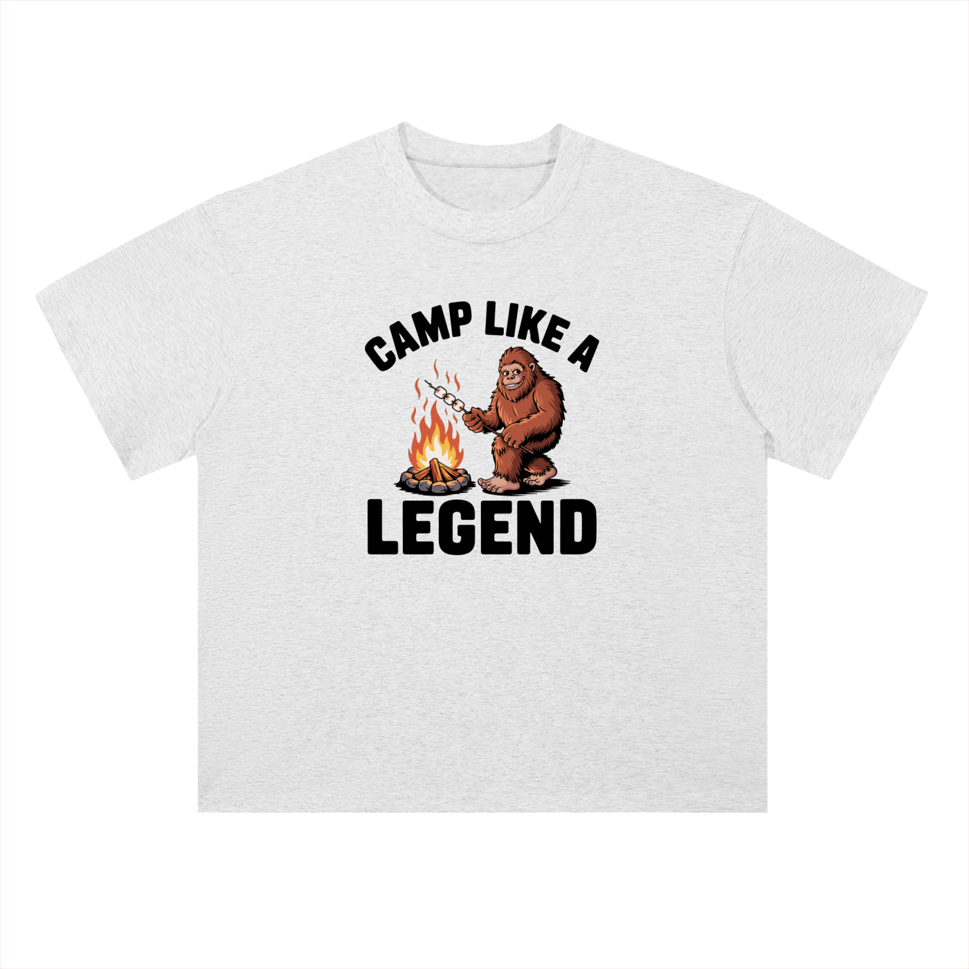 Camp Like A Legend Bigfoot Campfire Tee in Light Gray, flat lay.