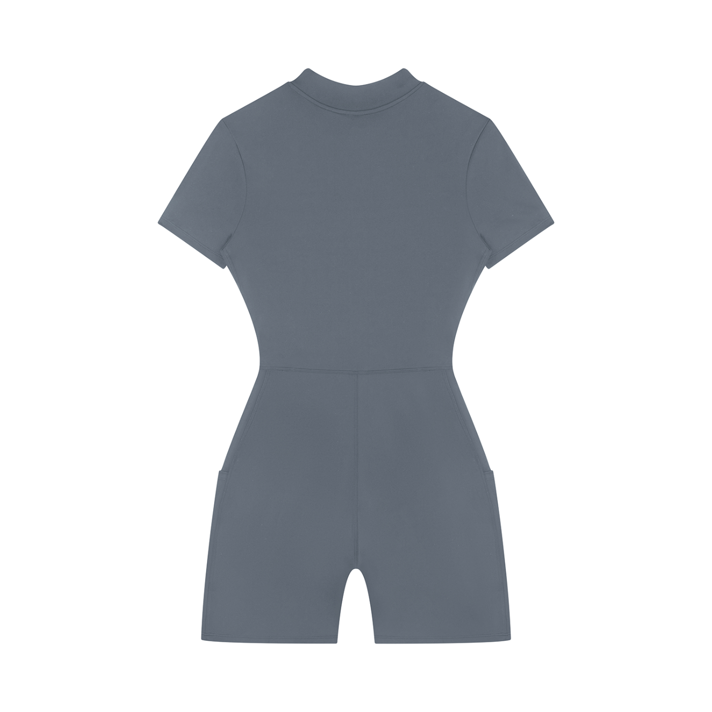 Wing Logo Quarter-Zip Short Sleeve Romper in Gray Blue, back view.