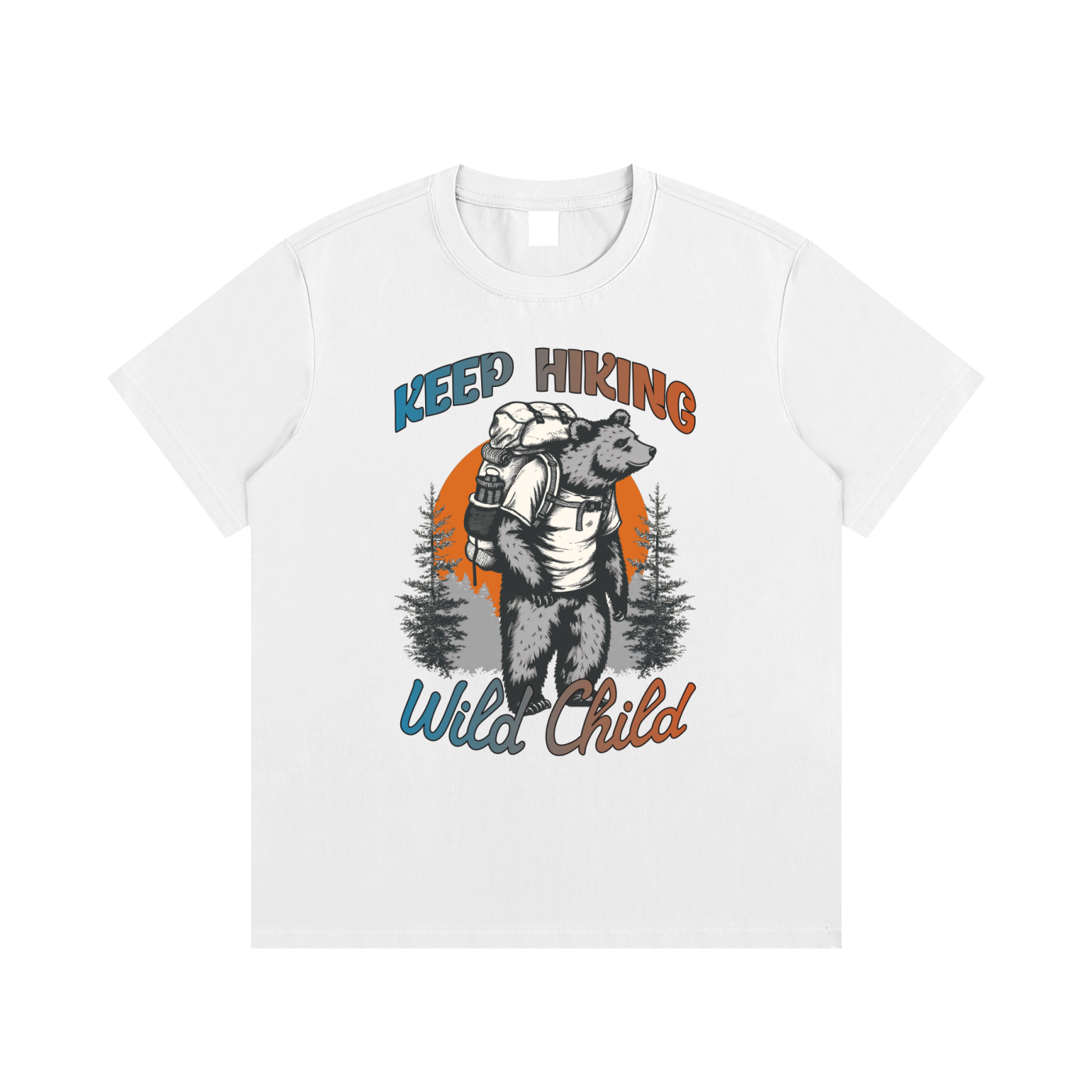Keep Hiking Wild Child Backpacking Bear Tee in White, flat lay.
