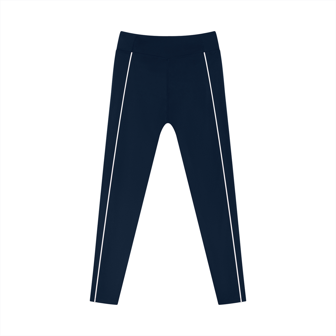 Wing Logo Contrast Piping High-Waist Leggings in Navy Blue, back view.