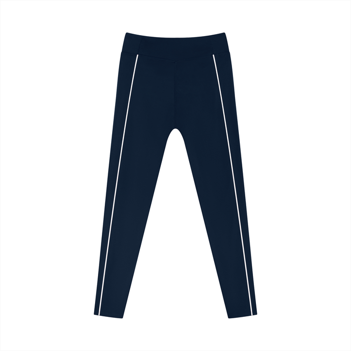 Wing Logo Contrast Piping High-Waist Leggings in Navy Blue, back view.