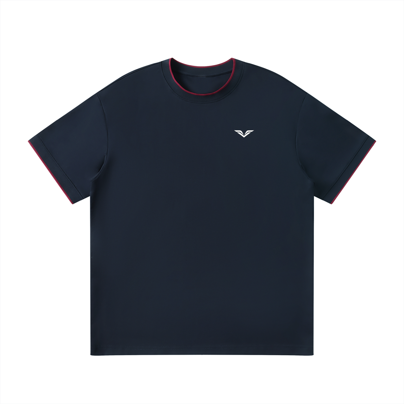 Wing Logo Contrast Tape Crewneck Tee in Navy Blue, flat lay.