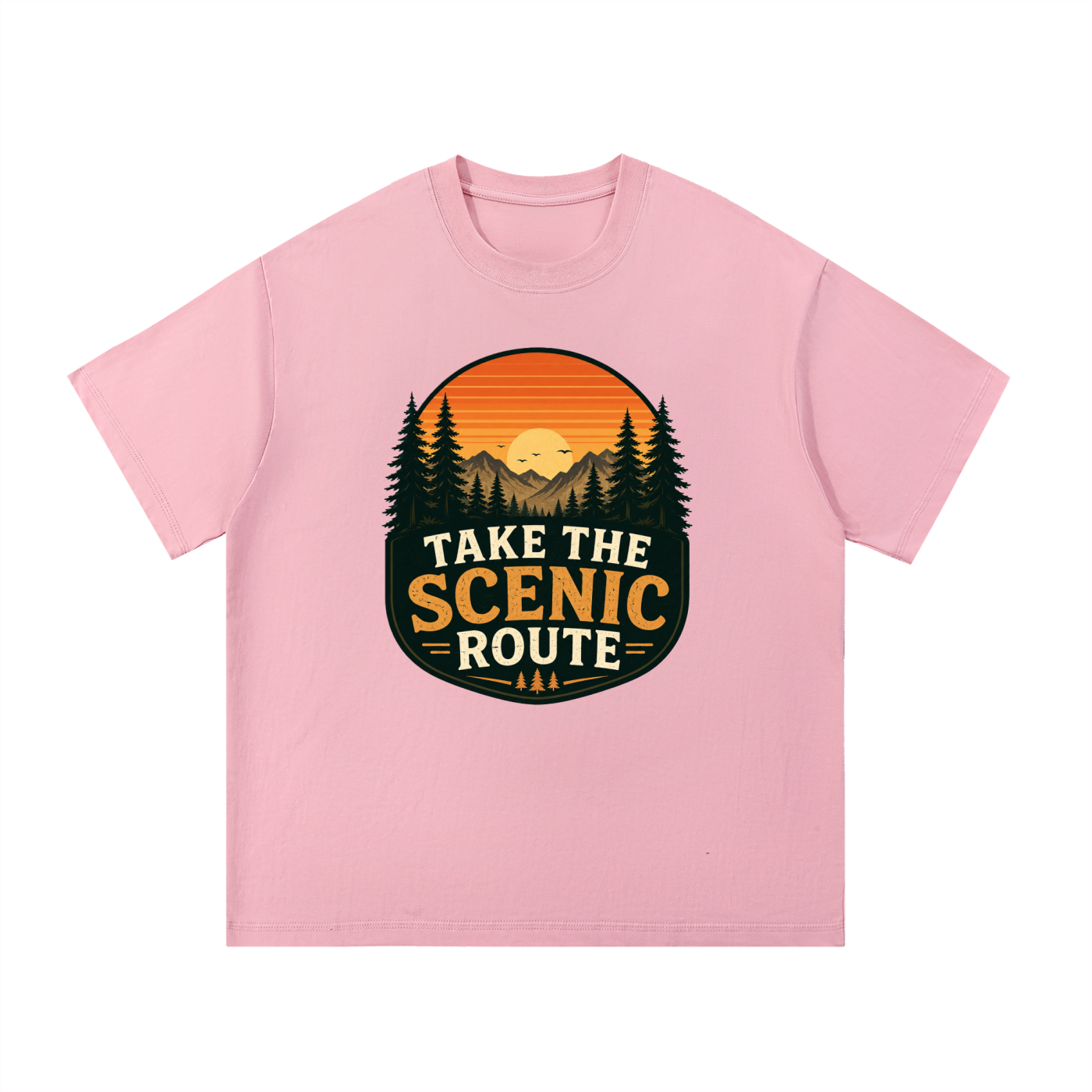 Take The Scenic Route Retro Sunset Badge Tee in Pink, flat lay.