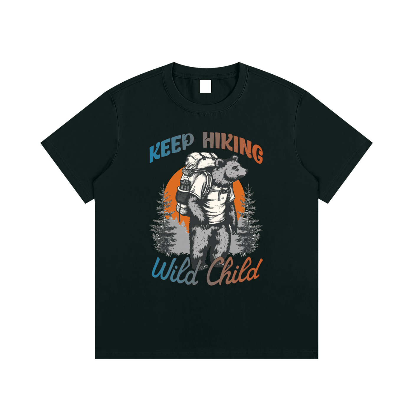 Keep Hiking Wild Child Backpacking Bear Tee in Vintage Green, flat lay.