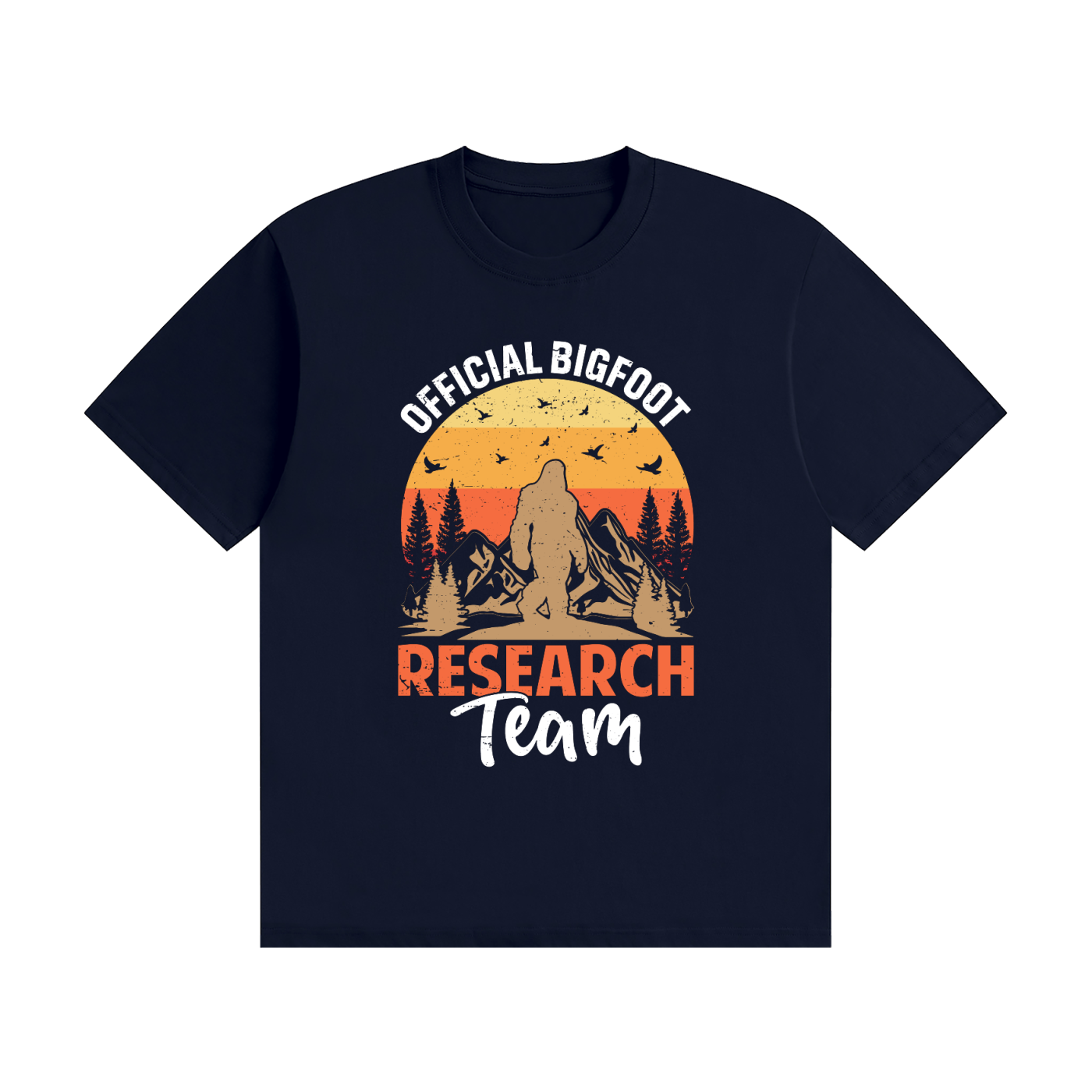 Official Bigfoot Research Team Retro Sunset Tee in Navy Blue, flat lay.
