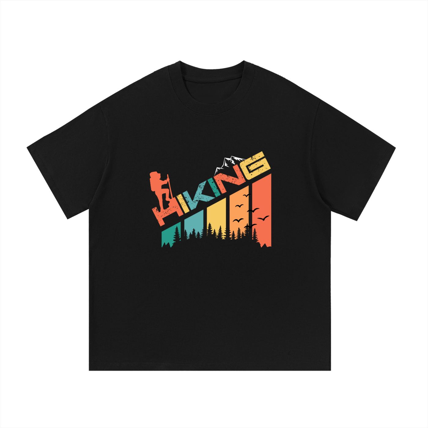 Hiking Retro Colour-Block Typography Tee in Black, flat lay.