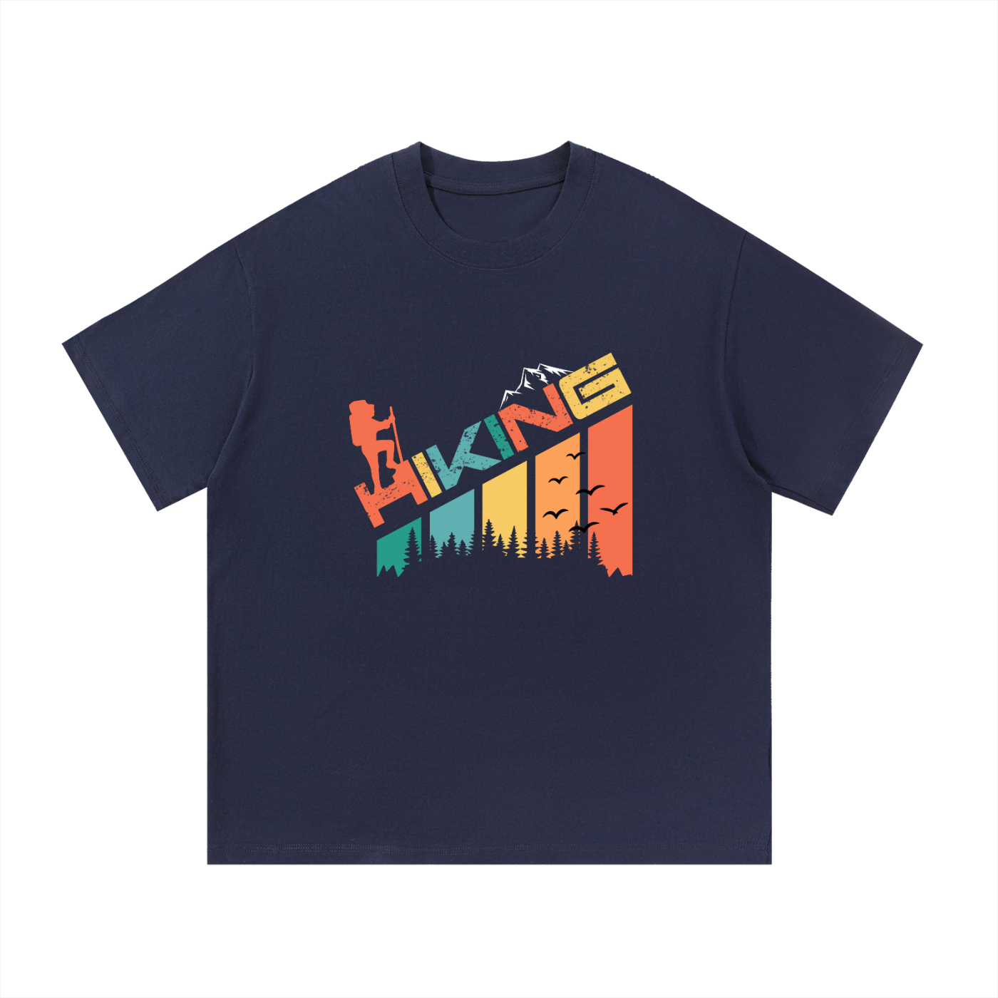 Hiking Retro Colour-Block Typography Tee in Navy Blue, flat lay.