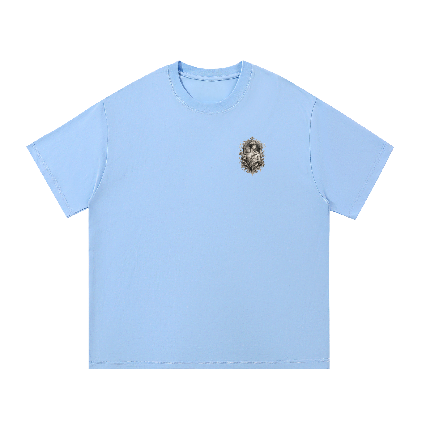 Baroque Statue Crest Left-Chest Cotton Tee in Blue, flat lay.