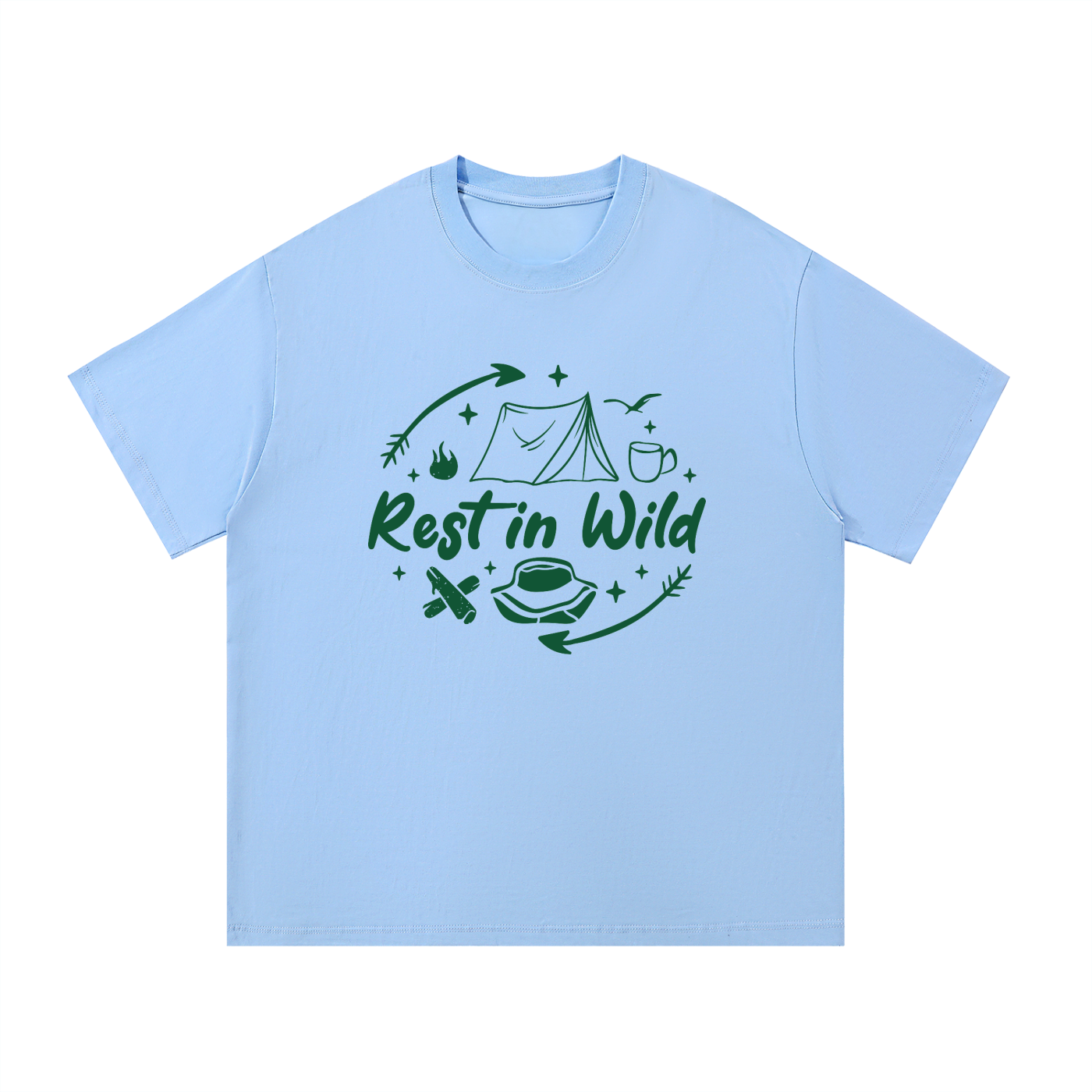 Rest In Wild Camping Line Art Tee in Blue, flat lay.