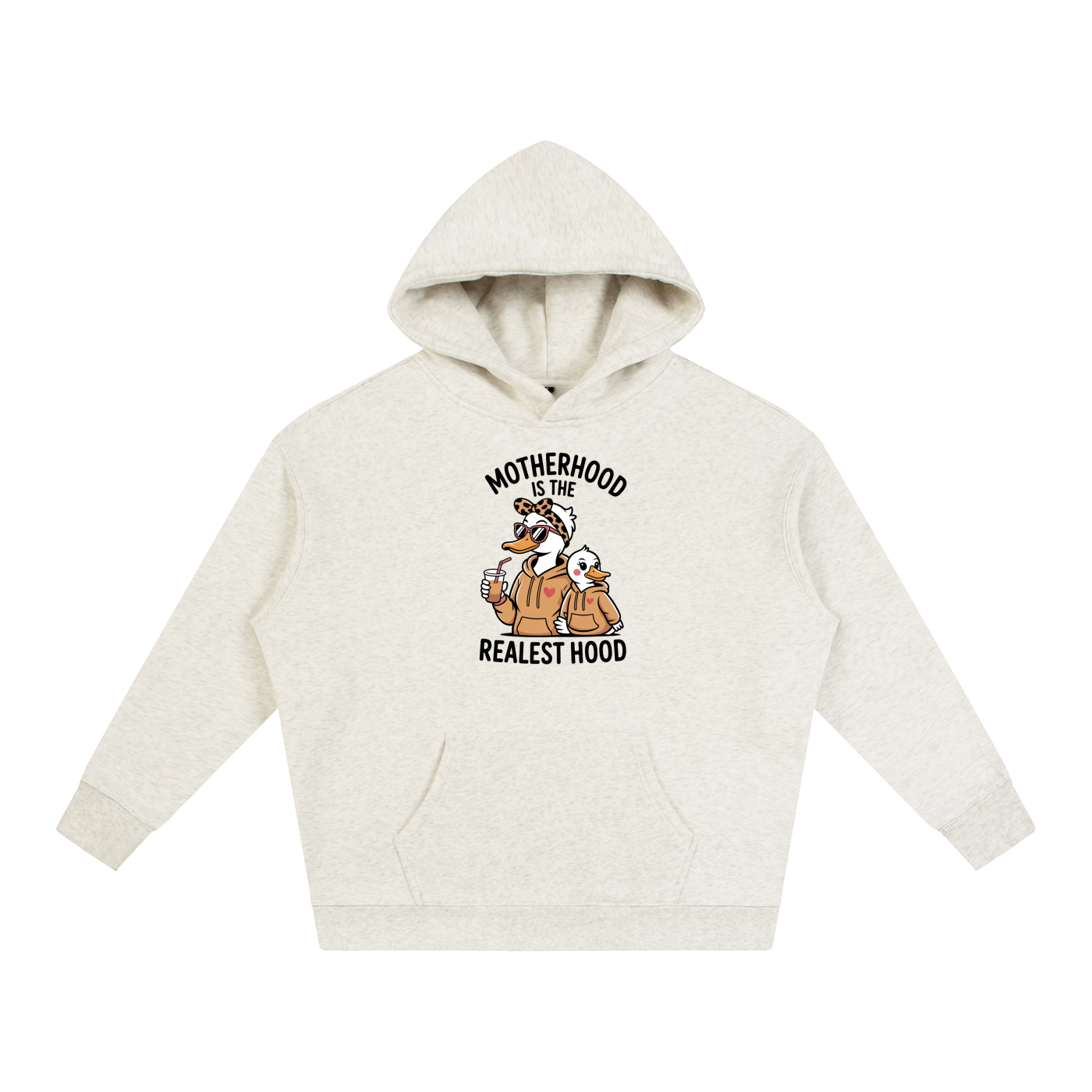 Motherhood Is The Realest Hood Goose Hoodie in Oat Gray, flat lay.