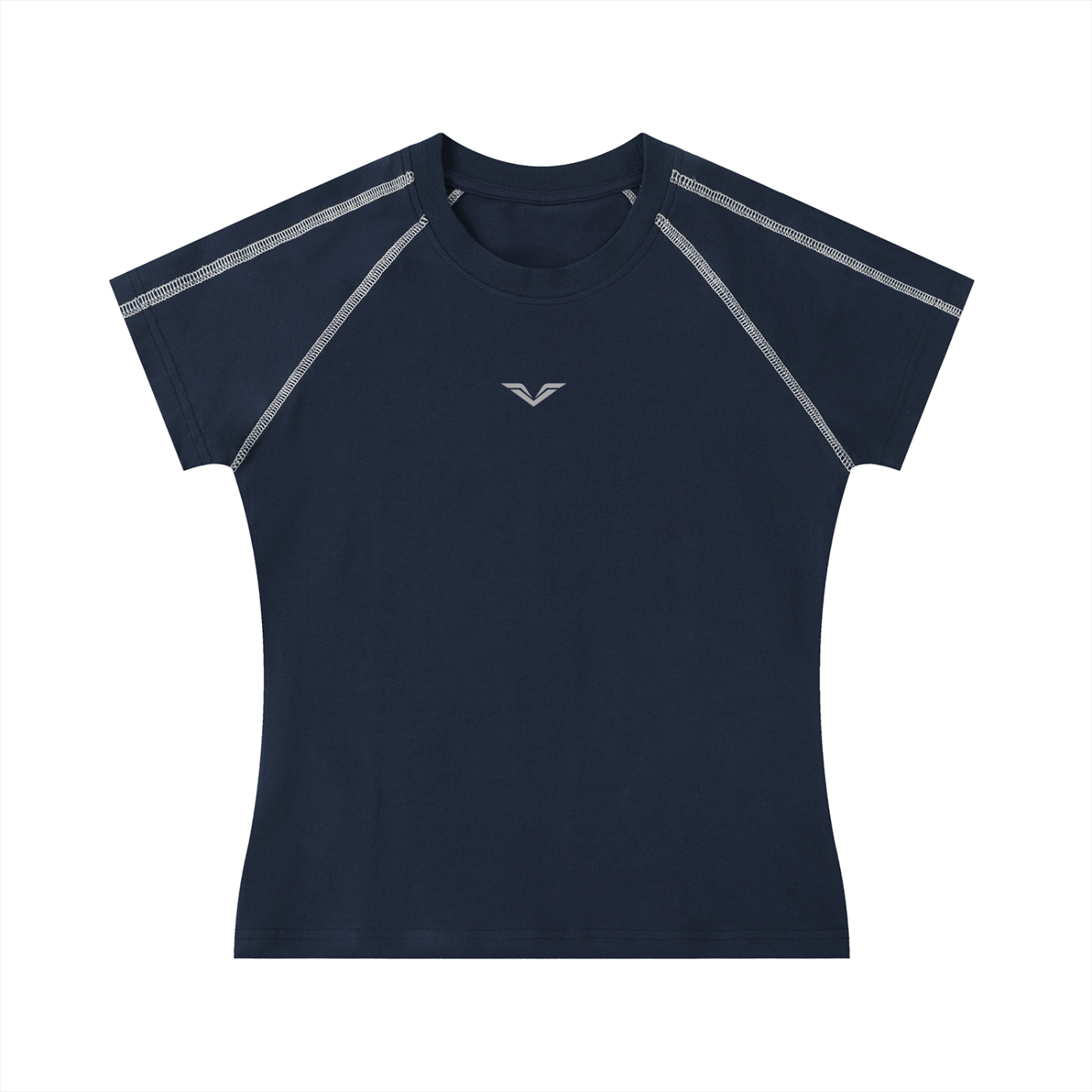 Wing Logo Contrast Stitch Raglan Tee in Navy Blue, flat lay.