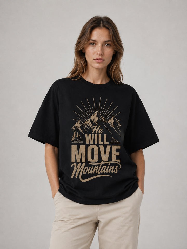 hiking lover He Will Move Mountains Christian Cotton Tee