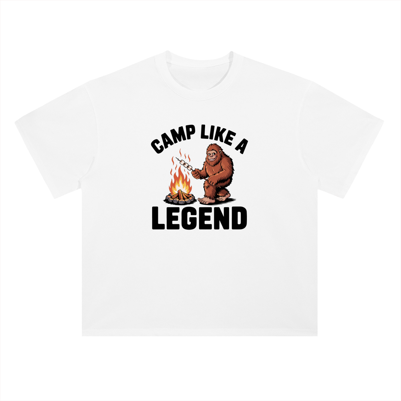 Camp Like A Legend Bigfoot Campfire Tee in Lucent White, flat lay.