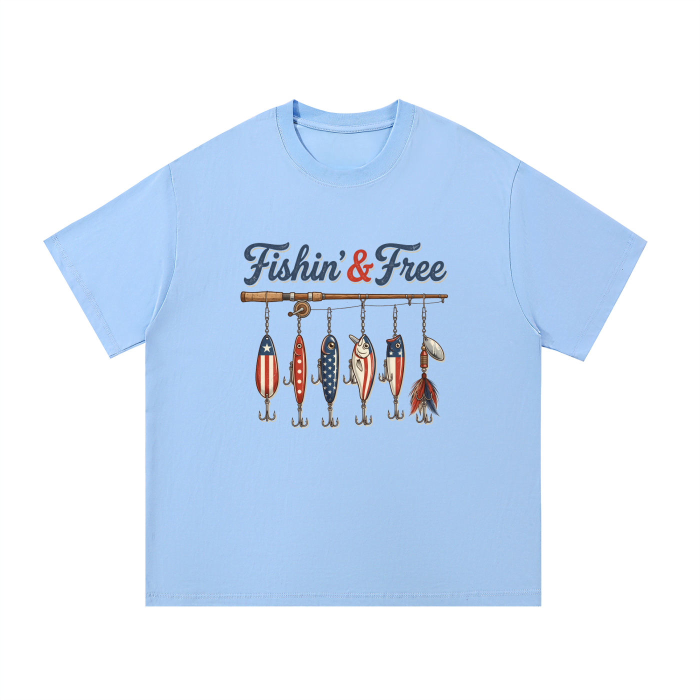 Fishin' And Free Patriotic Lure Cotton Tee in Blue, flat lay.