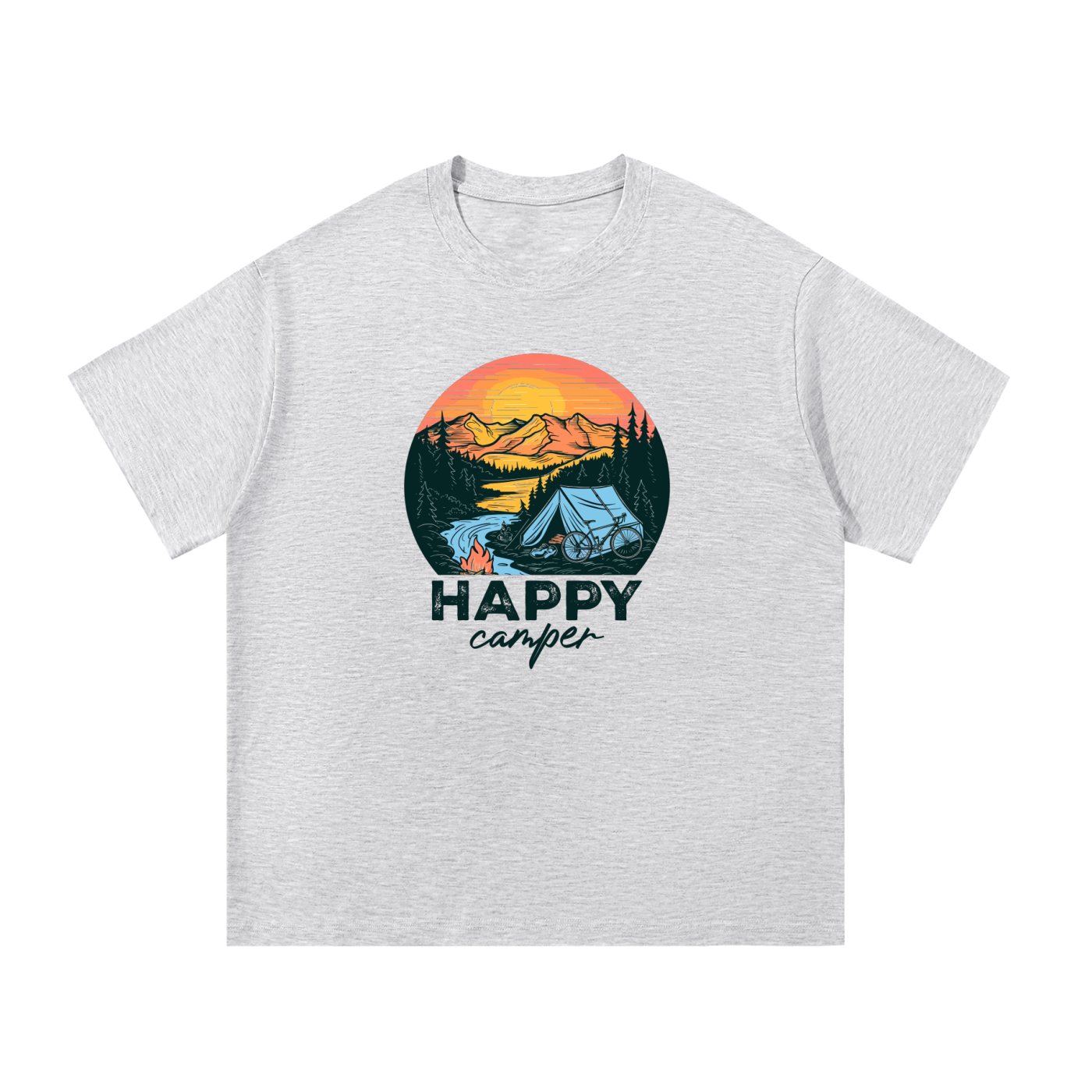 Happy Camper Sunset Tent Illustrated Tee in White Gray, flat lay.